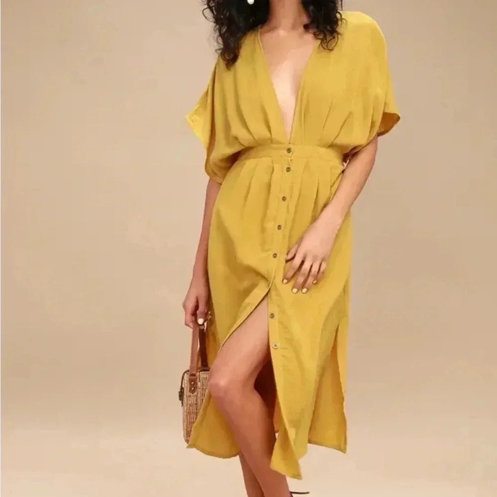 Lost + Wander Poppy Mustard Yellow Button-Up Midi Dress